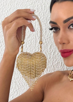 Rhinestone Heart-Shaped Evening Mini Clutch Bag With Fringe