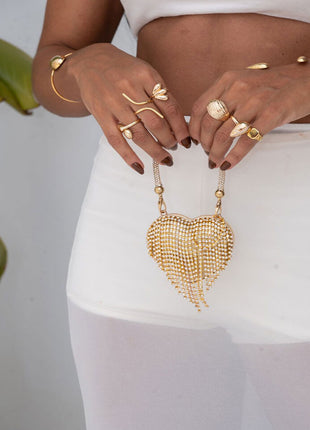 Rhinestone Heart-Shaped Evening Mini Clutch Bag With Fringe