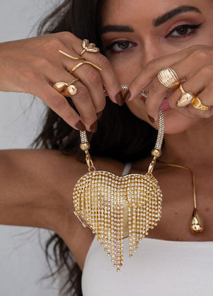 Rhinestone Heart-Shaped Evening Mini Clutch Bag With Fringe
