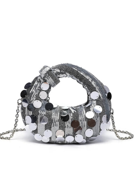 Metallic Sequin Loop-Handle Evening Moon Bag