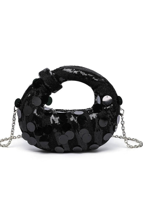 Metallic Sequin Loop-Handle Evening Moon Bag