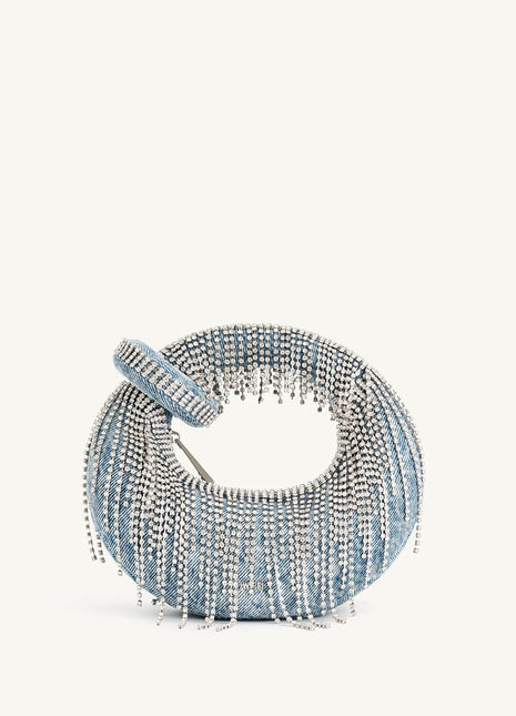 Denim Loop-Handle Evening Moon Bag With Fringe