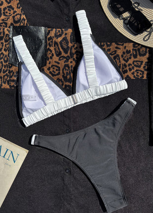 Color Block Triangle Ruched Fixed Bikini Set