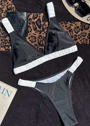 Color Block Triangle Ruched Fixed Bikini Set