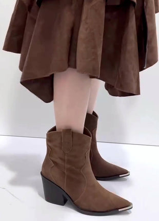 Suede Pointed Toe Western Ankle Boots
