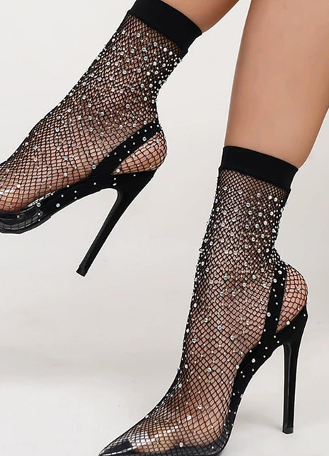 Black Clear Perspex Fishnet Ankle Sock Heels