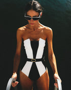Colorblock Black And White Strapless One Piece Swimsuit With Fixed Belt