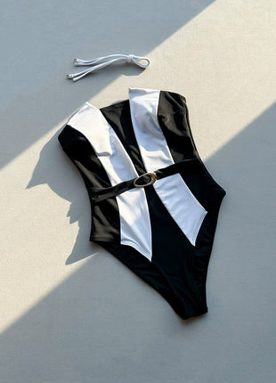 Colorblock Black And White Strapless One Piece Swimsuit With Fixed Belt