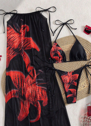 Lily Print Triangle Halter High-Cut Bikini Set & Maxi Skirt