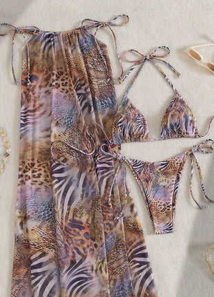 Safari Chaos Print Triangle Halter High-Cut Bikini Set & Maxi Skirt