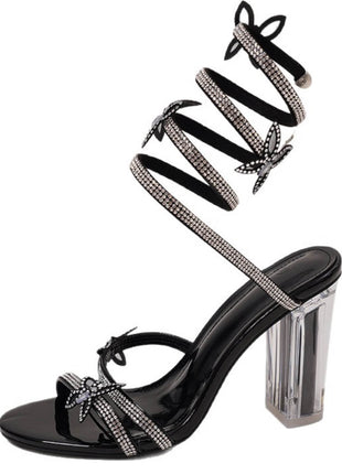 Crystal-Embellished Butterfly Snake Ankle Wrap Clear Perspex Block Heeled Sandals
