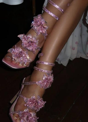 Crystal-Embellished Floral Snake Ankle Wrap Stiletto Heeled Sandals
