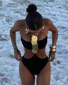 Halterncek Cut-Out One Piece Swimsuit With Metallic Medals Details