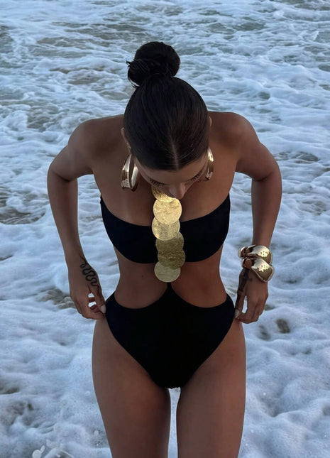 Halterncek Cut-Out One Piece Swimsuit With Metallic Medals Details