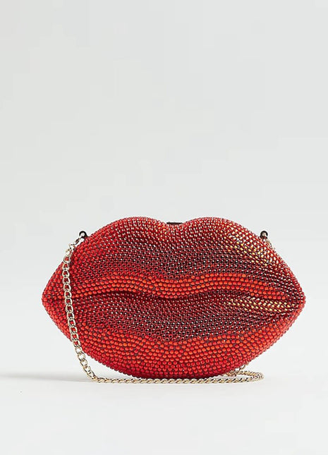 Rhinestone Lips Shaped Clutch Purse With Straps