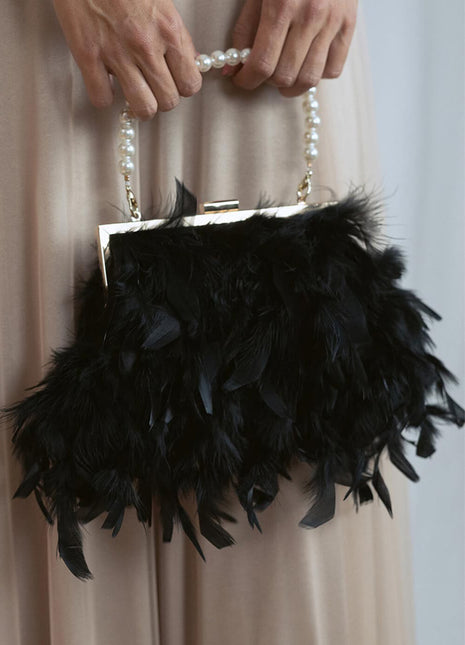 Feather Evening Clutch Bag With Pearl Handle