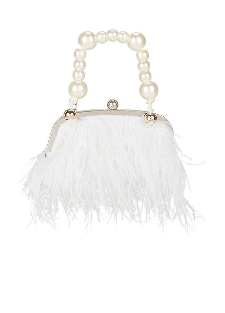 Pearl Top Handle Feather Evening Clutch With Chain Straps