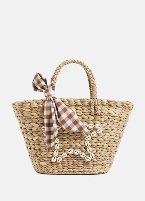 Shell-Embellished Straw Woven Plaid Bowknot Beach Tote Bags