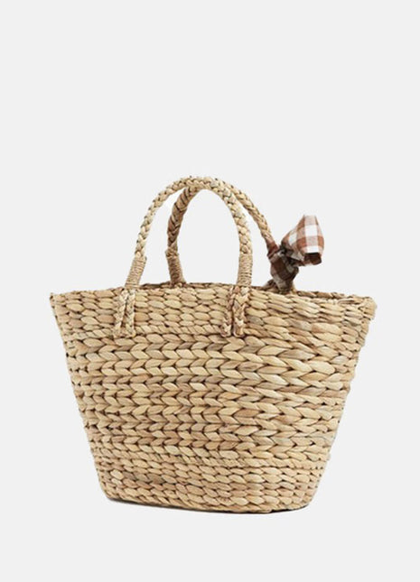 Shell-Embellished Straw Woven Plaid Bowknot Beach Tote Bags