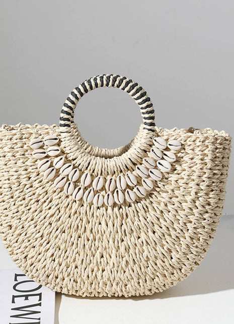 Shell-Embellished Woven Rattan Spherical Top Handle Beach Tote Bags