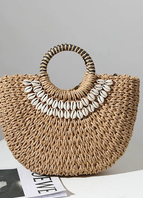 Shell-Embellished Woven Rattan Spherical Top Handle Beach Tote Bags
