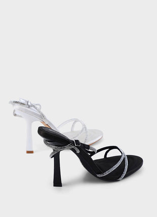 Diamante Strap Stiletto Heeled Sandals - Black/White