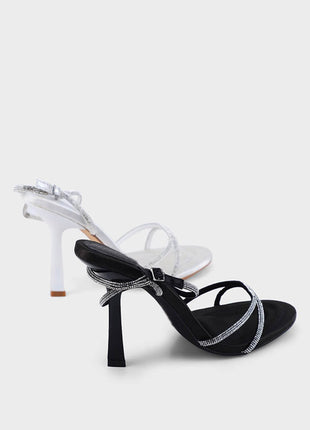 Diamante Strap Stiletto Heeled Sandals - Black/White