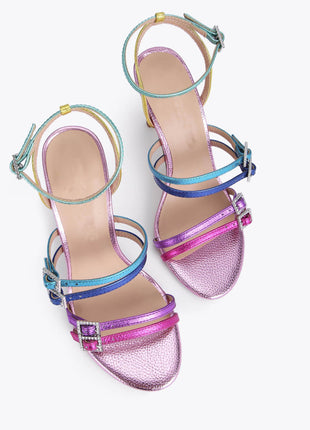 Multi Colored Rhinestone-Embellished Strappy Stiletto Heeled Sandals