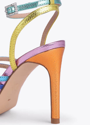 Multi Colored Rhinestone-Embellished Strappy Stiletto Heeled Sandals