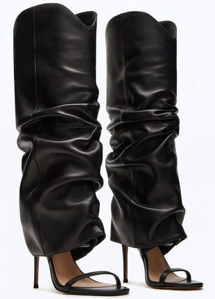 Cuffed Knee-High Ruched Open Toe Stiletto Heel Boots
