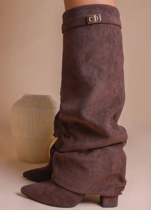 Faux Suede Slouchy Fold Over Metal Lock Detail Pointed Toe Knee High Boots
