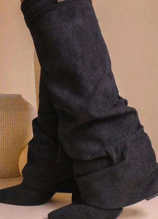 Faux Suede Slouchy Fold Over Metal Lock Detail Pointed Toe Knee High Boots