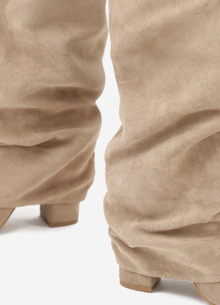 Faux Suede Slouchy Fold Over Metal Lock Detail Pointed Toe Knee High Boots