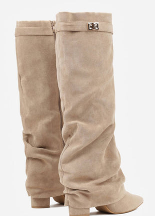 Faux Suede Slouchy Fold Over Metal Lock Detail Pointed Toe Knee High Boots
