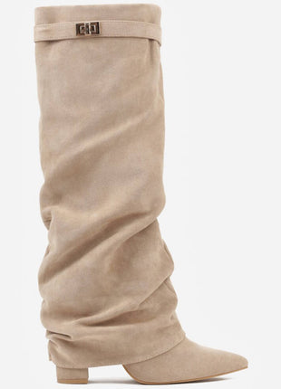 Faux Suede Slouchy Fold Over Metal Lock Detail Pointed Toe Knee High Boots