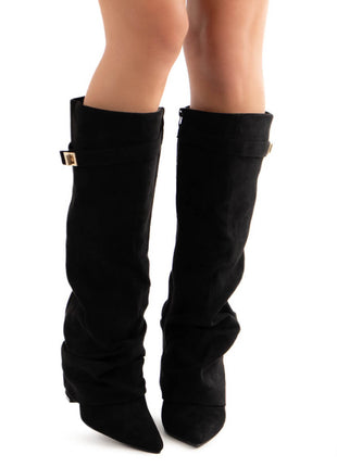 Faux Suede Slouchy Fold Over Metal Lock Detail Pointed Toe Knee High Boots