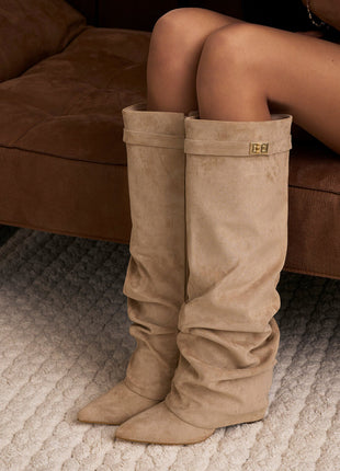 Faux Suede Slouchy Fold Over Metal Lock Detail Pointed Toe Knee High Boots