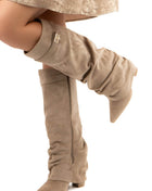 Faux Suede Slouchy Fold Over Metal Lock Detail Pointed Toe Knee High Boots