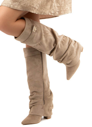 Faux Suede Slouchy Fold Over Metal Lock Detail Pointed Toe Knee High Boots