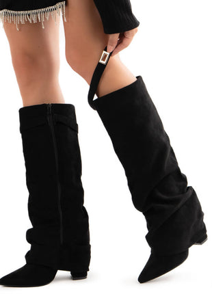 Faux Suede Slouchy Fold Over Metal Lock Detail Pointed Toe Knee High Boots