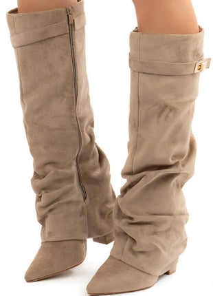 Faux Suede Slouchy Fold Over Metal Lock Detail Pointed Toe Knee High Boots