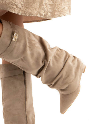 Faux Suede Slouchy Fold Over Metal Lock Detail Pointed Toe Knee High Boots