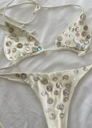 Button Triangle Halter Tie Side Bikini Set