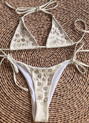 Button Triangle Halter Tie Side Bikini Set