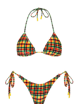 Multi Gingham Triangle Halter Tie Side Bikini Set