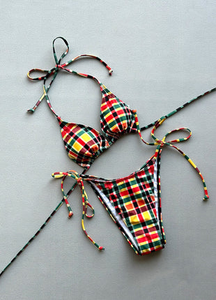 Multi Gingham Triangle Halter Tie Side Bikini Set