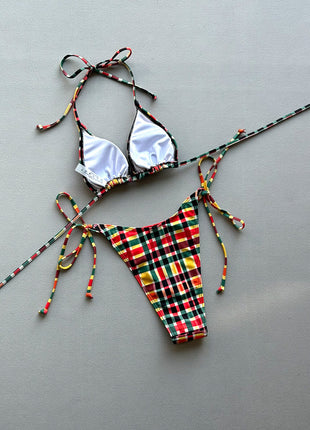 Multi Gingham Triangle Halter Tie Side Bikini Set