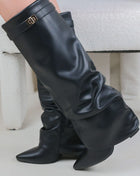 Faux Leather Slouchy Fold Over Metal Lock Detail Pointed Toe Knee High Boots