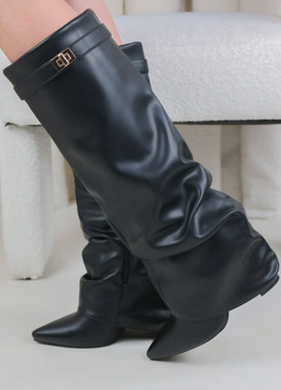Faux Leather Slouchy Fold Over Metal Lock Detail Pointed Toe Knee High Boots