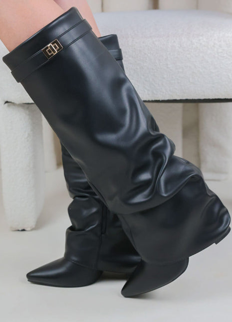 Faux Leather Slouchy Fold Over Metal Lock Detail Pointed Toe Knee High Boots